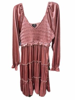 GiGio USA Romantic Boho Blush Velvet Tiered Long Sleeve Wedding Guest Dress 12